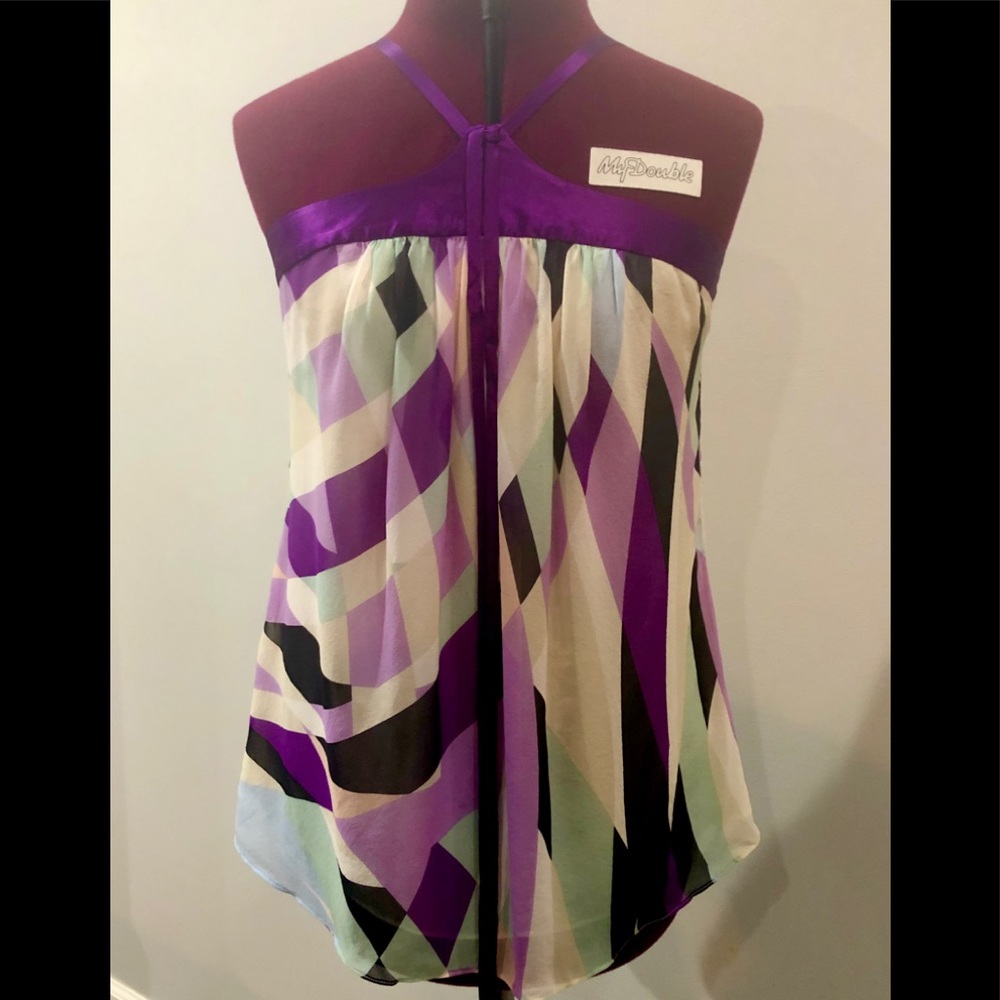 NWT BCBG silk yoke top in purple print